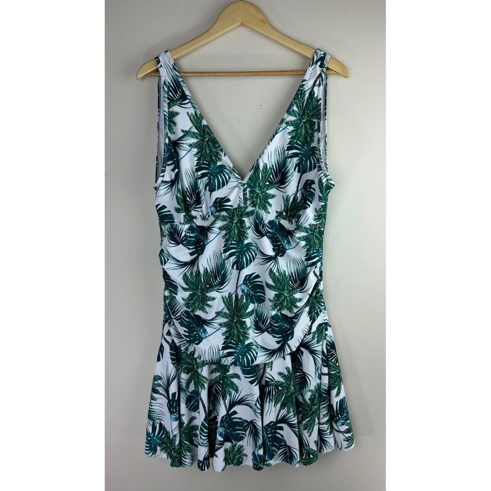 COCOPEAR Women's Tropical Palm Leaf Swim Dress Green White One Piece Size 3XL